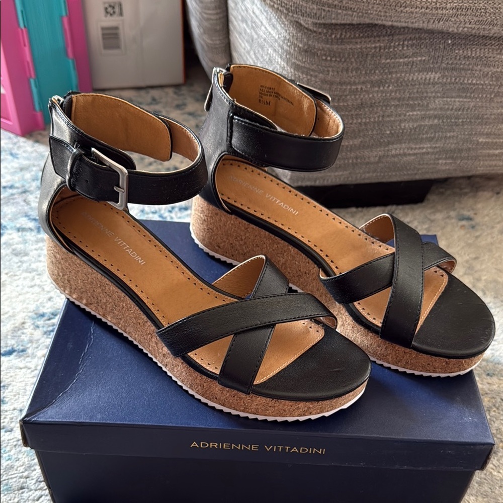 Adrienne Vittadini Black Wedge Shoes with Criss-Cross Straps